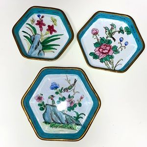Antique Chinese hand painted enamel floral bronze nesting dishes cloisonné